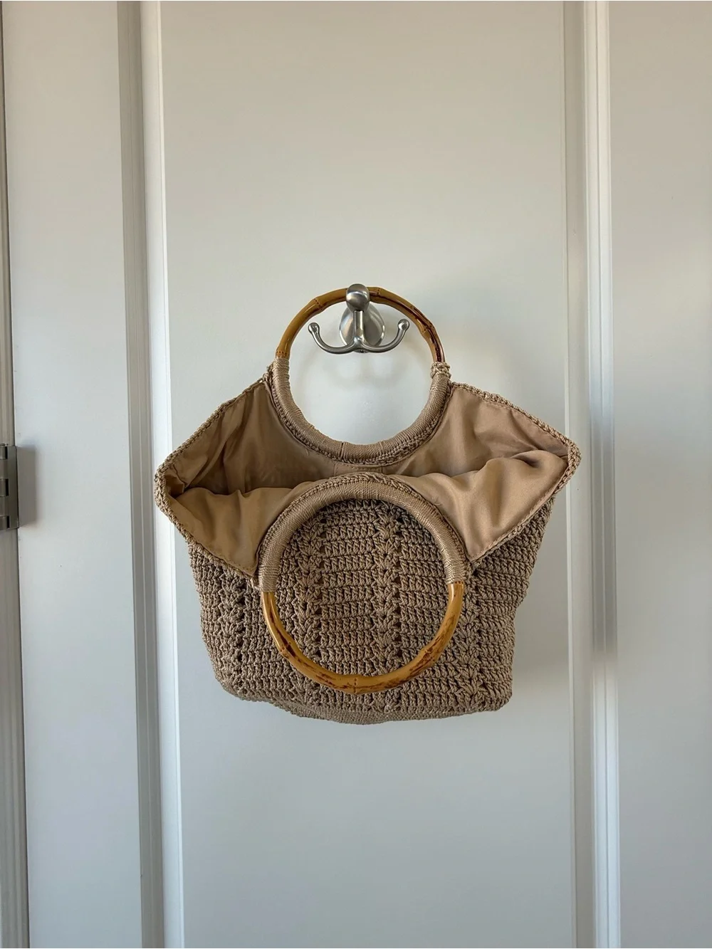 Studio Collection Crochet Tote in Beige with Bamboo Handles NWT
